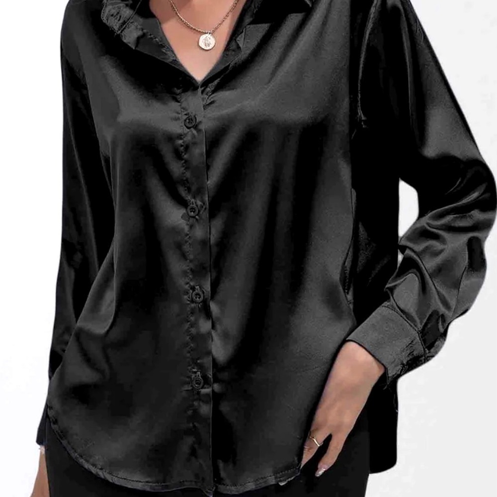SHEIN Long Sleeve Button Down 100% Polyester Blouse Black Size Medium